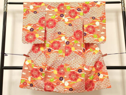 平和屋着物[]七五三　女の子　３歳　祝着　三つ身　被布セット　芝梅文　金彩　逸品　DABC5164ma