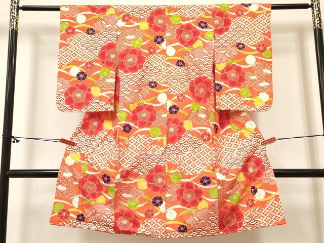 平和屋着物[]七五三　女の子　３歳　祝着　三つ身　被布セット　芝梅文　金彩　逸品　DABC5164ma
