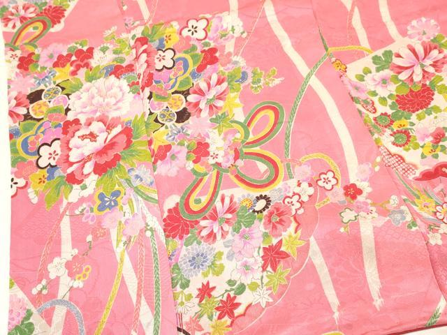 平和屋着物[]アンティーク　大正ロマン　七五三　女の子　７歳　祝着　四つ身　檜扇風景花文　逸品　DABC5167ma