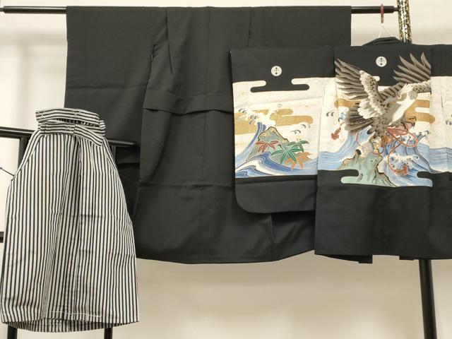 平和屋着物[]七五三　男の子　祝着・羽織・行灯袴セット　鷹　鷲　絵巻立波笹花文　金彩　DABC5168ma