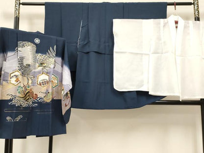 平和屋着物[]七五三　男の子　祝着・羽織・長襦袢(単衣)セット　鷹　鷲　宝船　亀甲笹松文　暈し染め　金彩　DABC5170ma