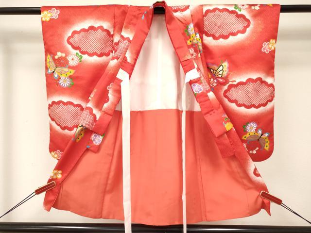 平和屋着物[]七五三　女の子　３歳　祝着　三つ身　被布セット　雲取り花蝶文　暈し染め　金彩　DABC5177ma