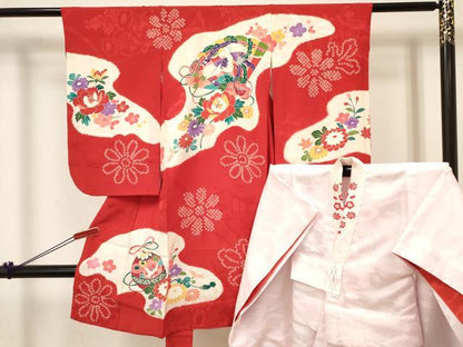 平和屋着物[]七五三 女の子 ３歳 祝着 三つ身 長襦袢(袷・半衿刺繍)セット 絞り 檜扇鞠花文 逸品 DABC5179ma