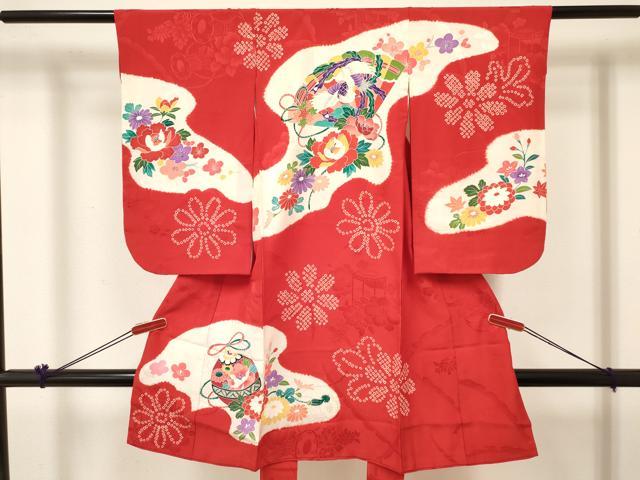平和屋着物[]七五三 女の子 ３歳 祝着 三つ身 長襦袢(袷・半衿刺繍)セット 絞り 檜扇鞠花文 逸品 DABC5179ma