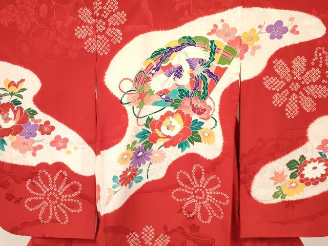 平和屋着物[]七五三　女の子　３歳　祝着　三つ身　長襦袢(袷・半衿刺繍)セット　絞り　檜扇鞠花文　逸品　DABC5179ma
