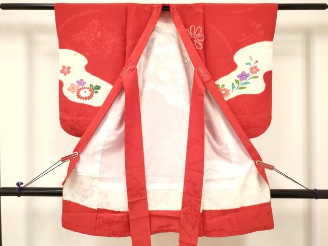 平和屋着物[]七五三　女の子　３歳　祝着　三つ身　長襦袢(袷・半衿刺繍)セット　絞り　檜扇鞠花文　逸品　DABC5179ma