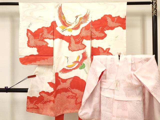 平和屋着物[]七五三　女の子　３歳　祝着　三つ身　長襦袢(袷)セット　駒刺繍　絞り　飛鶴　金彩　逸品　DABC5180ma