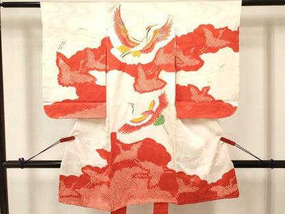 平和屋着物[]七五三　女の子　３歳　祝着　三つ身　長襦袢(袷)セット　駒刺繍　絞り　飛鶴　金彩　逸品　DABC5180ma
