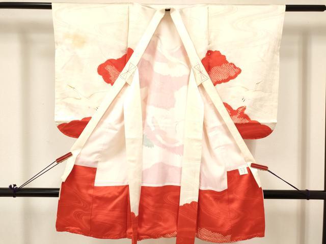 平和屋着物[]七五三　女の子　３歳　祝着　三つ身　長襦袢(袷)セット　駒刺繍　絞り　飛鶴　金彩　逸品　DABC5180ma