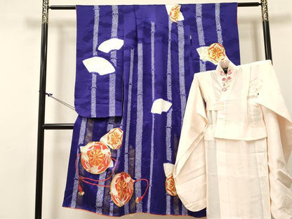 平和屋着物[]七五三　女の子　７歳　祝着　四つ身　長襦袢セット　駒刺繍　源氏車鳳凰花文　金彩　西武百貨店扱い　逸品　DABC5181ma
