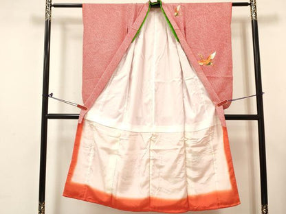 平和屋着物[]七五三　女の子　７歳　祝着　四つ身　襦袢(無双仕立て・半衿刺繍)セット　駒刺繍　絞り　群れ鶴　逸品　DABC5182ma