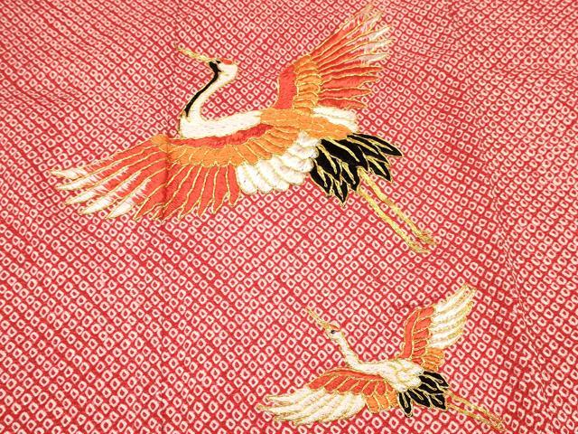 平和屋着物[]七五三　女の子　７歳　祝着　四つ身　襦袢(無双仕立て・半衿刺繍)セット　駒刺繍　絞り　群れ鶴　逸品　DABC5182ma