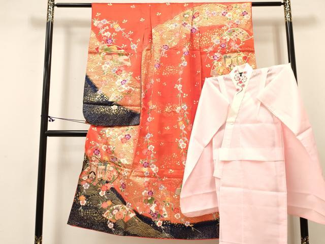 平和屋着物[]七五三　女の子　７歳　祝着　四つ身　長襦袢(単衣・半衿刺繍)セット　地紙重ね御所車花文　金彩　DABC5183ma