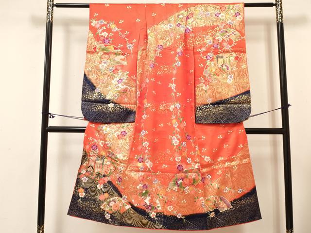 平和屋着物[]七五三　女の子　７歳　祝着　四つ身　長襦袢(単衣・半衿刺繍)セット　地紙重ね御所車花文　金彩　DABC5183ma