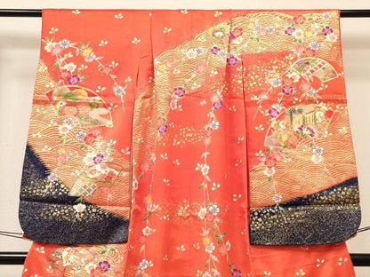 平和屋着物[]七五三　女の子　７歳　祝着　四つ身　長襦袢(単衣・半衿刺繍)セット　地紙重ね御所車花文　金彩　DABC5183ma