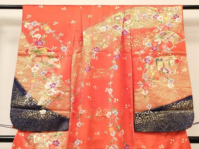 平和屋着物[]七五三　女の子　７歳　祝着　四つ身　長襦袢(単衣・半衿刺繍)セット　地紙重ね御所車花文　金彩　DABC5183ma