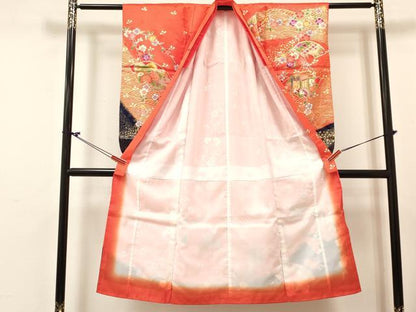 平和屋着物[]七五三　女の子　７歳　祝着　四つ身　長襦袢(単衣・半衿刺繍)セット　地紙重ね御所車花文　金彩　DABC5183ma