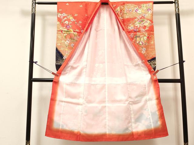 平和屋着物[]七五三　女の子　７歳　祝着　四つ身　長襦袢(単衣・半衿刺繍)セット　地紙重ね御所車花文　金彩　DABC5183ma