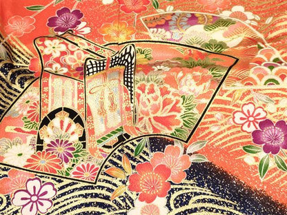 平和屋着物[]七五三　女の子　７歳　祝着　四つ身　長襦袢(単衣・半衿刺繍)セット　地紙重ね御所車花文　金彩　DABC5183ma