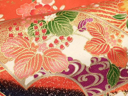 平和屋着物[]七五三　女の子　７歳　祝着　四つ身　長襦袢(単衣・半衿刺繍)セット　地紙重ね御所車花文　金彩　DABC5183ma