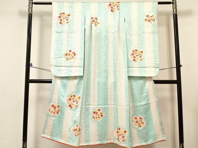 平和屋着物[]七五三　女の子　７歳　祝着　四つ身　長襦袢(無双仕立て・半衿刺繍)セット　刺繍　絞り　草花文　金銀糸　逸品　DABC5184ma