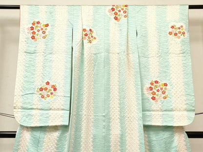 平和屋着物[]七五三　女の子　７歳　祝着　四つ身　長襦袢(無双仕立て・半衿刺繍)セット　刺繍　絞り　草花文　金銀糸　逸品　DABC5184ma
