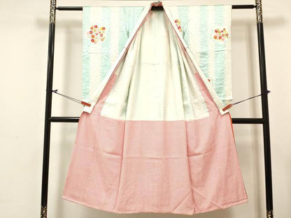 平和屋着物[]七五三　女の子　７歳　祝着　四つ身　長襦袢(無双仕立て・半衿刺繍)セット　刺繍　絞り　草花文　金銀糸　逸品　DABC5184ma