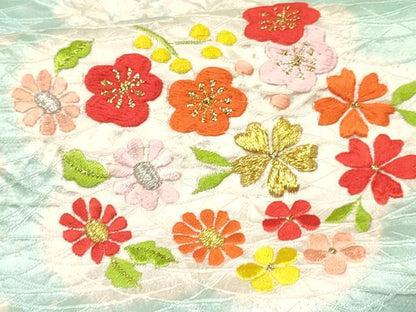 平和屋着物[]七五三　女の子　７歳　祝着　四つ身　長襦袢(無双仕立て・半衿刺繍)セット　刺繍　絞り　草花文　金銀糸　逸品　DABC5184ma