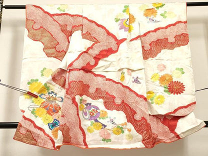 平和屋着物[]女の子　３歳　祝着　三つ身　駒刺繍　絞り　打ち出の小槌　仕覆花文　金彩　逸品　DABC5186ma