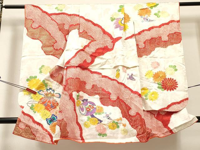 平和屋着物[]女の子 ３歳 祝着 三つ身 駒刺繍 絞り 打ち出の小槌 仕覆花文 金彩 逸品 DABC5186ma