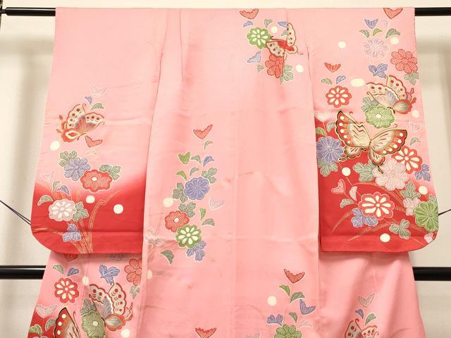 平和屋着物[]七五三　女の子　７歳　祝着　四つ身　花蝶文　暈し染め　金彩　逸品　DABC5187ma