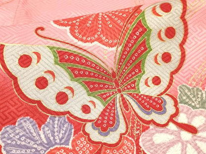 平和屋着物[]七五三　女の子　７歳　祝着　四つ身　花蝶文　暈し染め　金彩　逸品　DABC5187ma