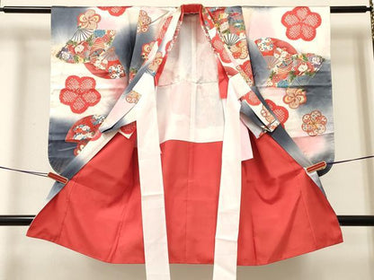 平和屋着物[]七五三 女の子 ３歳 祝着 三つ身 絞り 扇面貝桶糸車花文 暈し染め 金彩 逸品 DABC5188ma