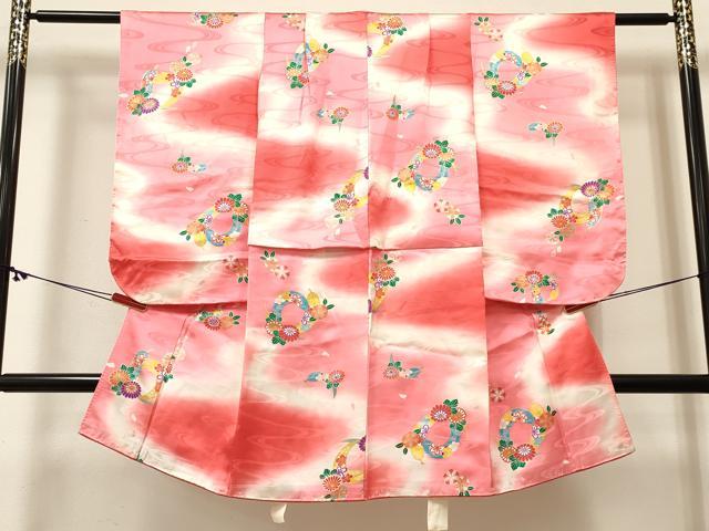 平和屋着物[]女の子　３歳　祝着　三つ身　羽根花文　暈し染め　金彩　逸品　DABC5190ma
