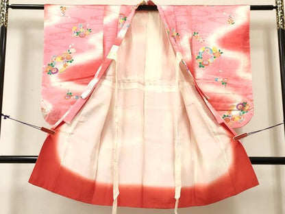 平和屋着物[]女の子　３歳　祝着　三つ身　羽根花文　暈し染め　金彩　逸品　DABC5190ma