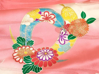 平和屋着物[]女の子　３歳　祝着　三つ身　羽根花文　暈し染め　金彩　逸品　DABC5190ma