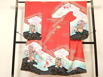 平和屋着物[]七五三　女の子　７歳　祝着　四つ身　駒刺繍　御所車花文　暈し染め　金彩　逸品　DABC5192ma