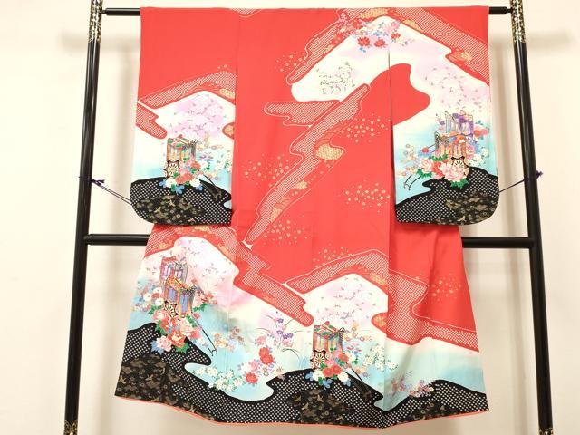 平和屋着物[]七五三　女の子　７歳　祝着　四つ身　駒刺繍　御所車花文　暈し染め　金彩　逸品　DABC5192ma