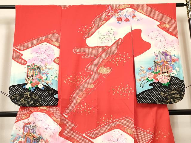 平和屋着物[]七五三　女の子　７歳　祝着　四つ身　駒刺繍　御所車花文　暈し染め　金彩　逸品　DABC5192ma