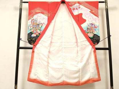 平和屋着物[]七五三　女の子　７歳　祝着　四つ身　駒刺繍　御所車花文　暈し染め　金彩　逸品　DABC5192ma