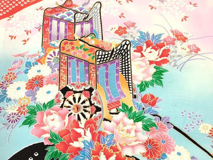 平和屋着物[]七五三　女の子　７歳　祝着　四つ身　駒刺繍　御所車花文　暈し染め　金彩　逸品　DABC5192ma