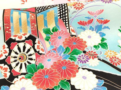 平和屋着物[]七五三　女の子　７歳　祝着　四つ身　駒刺繍　御所車花文　暈し染め　金彩　逸品　DABC5192ma
