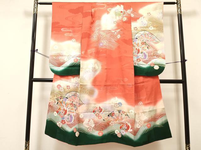 平和屋着物[]七五三　女の子　７歳　祝着　四つ身　駒刺繍　片輪車鴛鴦花文　暈し染め　金銀彩　逸品　DABC5193ma
