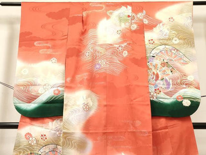 平和屋着物[]七五三　女の子　７歳　祝着　四つ身　駒刺繍　片輪車鴛鴦花文　暈し染め　金銀彩　逸品　DABC5193ma