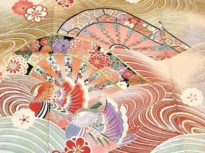 平和屋着物[]七五三　女の子　７歳　祝着　四つ身　駒刺繍　片輪車鴛鴦花文　暈し染め　金銀彩　逸品　DABC5193ma