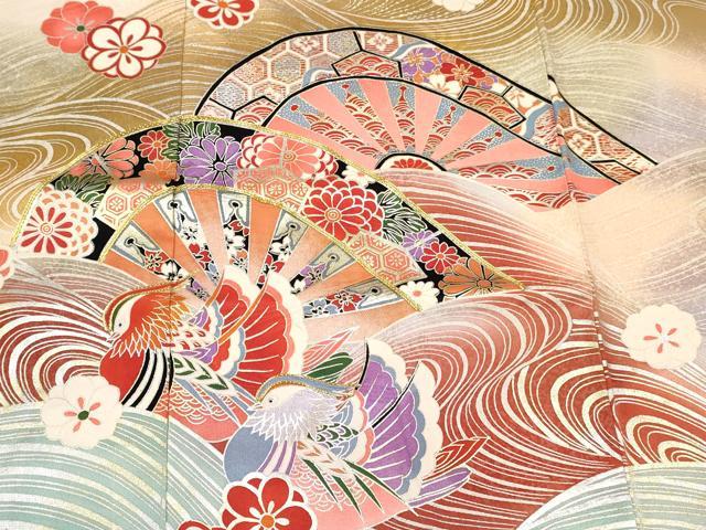 平和屋着物[]七五三　女の子　７歳　祝着　四つ身　駒刺繍　片輪車鴛鴦花文　暈し染め　金銀彩　逸品　DABC5193ma