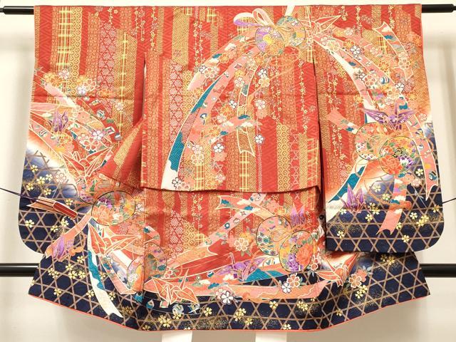 平和屋着物[]七五三 女の子 ３歳 祝着 三つ身 折り鶴 熨斗鼓花文 暈し染め 金彩 逸品 DABC5195ma