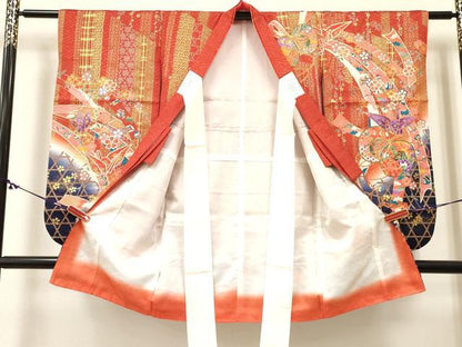 平和屋着物[]七五三　女の子　３歳　祝着　三つ身　折り鶴　熨斗鼓花文　暈し染め　金彩　逸品　DABC5195ma