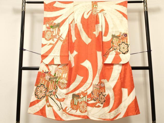 平和屋着物[]七五三　女の子　７歳　祝着　四つ身　駒刺繍　束ね熨斗御所車花文　金彩　逸品　DABC5198ma