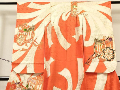 平和屋着物[]七五三　女の子　７歳　祝着　四つ身　駒刺繍　束ね熨斗御所車花文　金彩　逸品　DABC5198ma